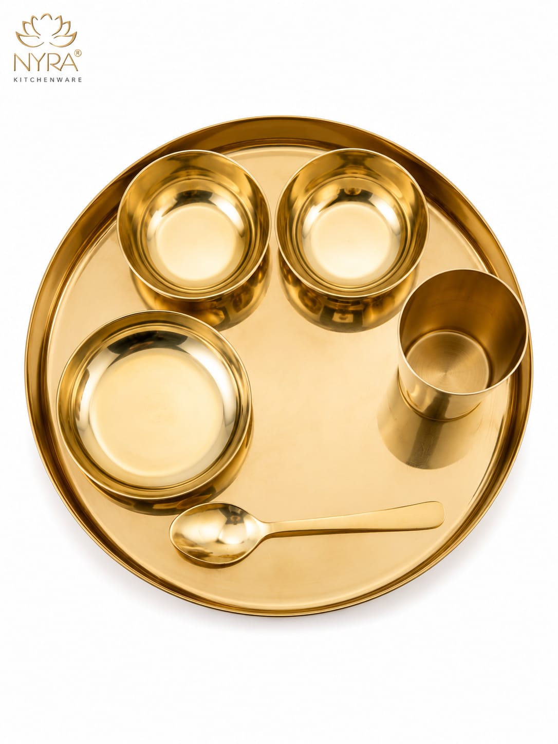 Premium Kansa/Bronze Thali Set of 6pcs. | Traditional Dinnerware Set (1 Thali, 2 Bowls, Glass, Plate, Spoon)