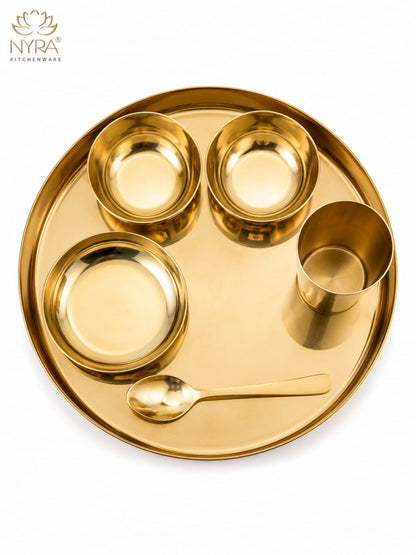 Premium Kansa/Bronze Thali Set of 6pcs. | Traditional Dinnerware Set (1 Thali, 2 Bowls, Glass, Plate, Spoon)