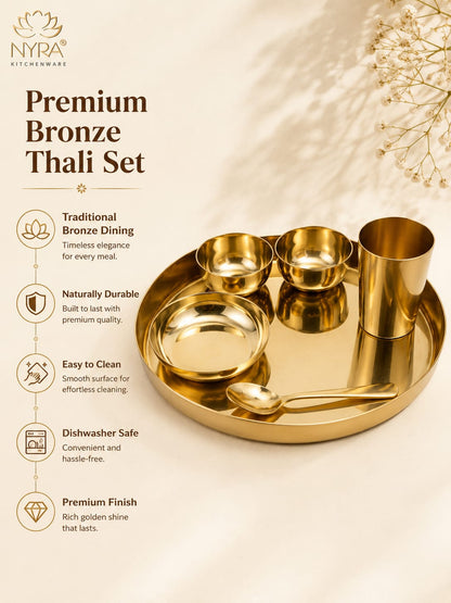 Premium Kansa/Bronze Thali Set of 6pcs. | Traditional Dinnerware Set (1 Thali, 2 Bowls, Glass, Plate, Spoon)