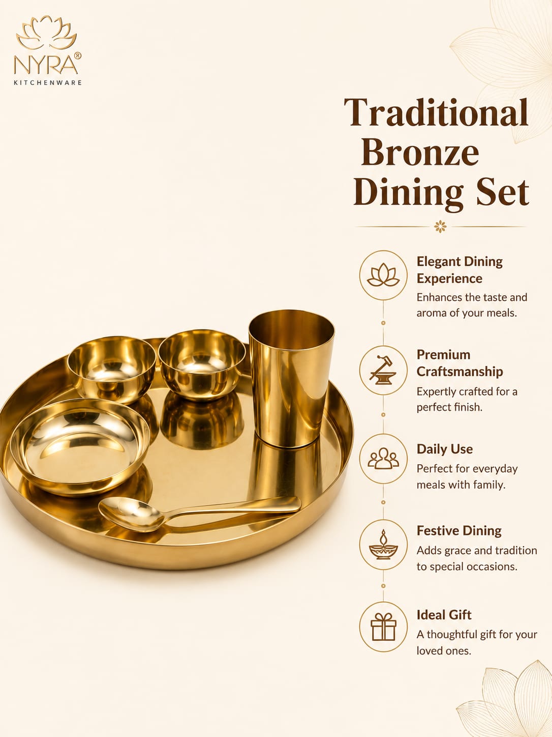Premium Kansa/Bronze Thali Set of 6pcs. | Traditional Dinnerware Set (1 Thali, 2 Bowls, Glass, Plate, Spoon)