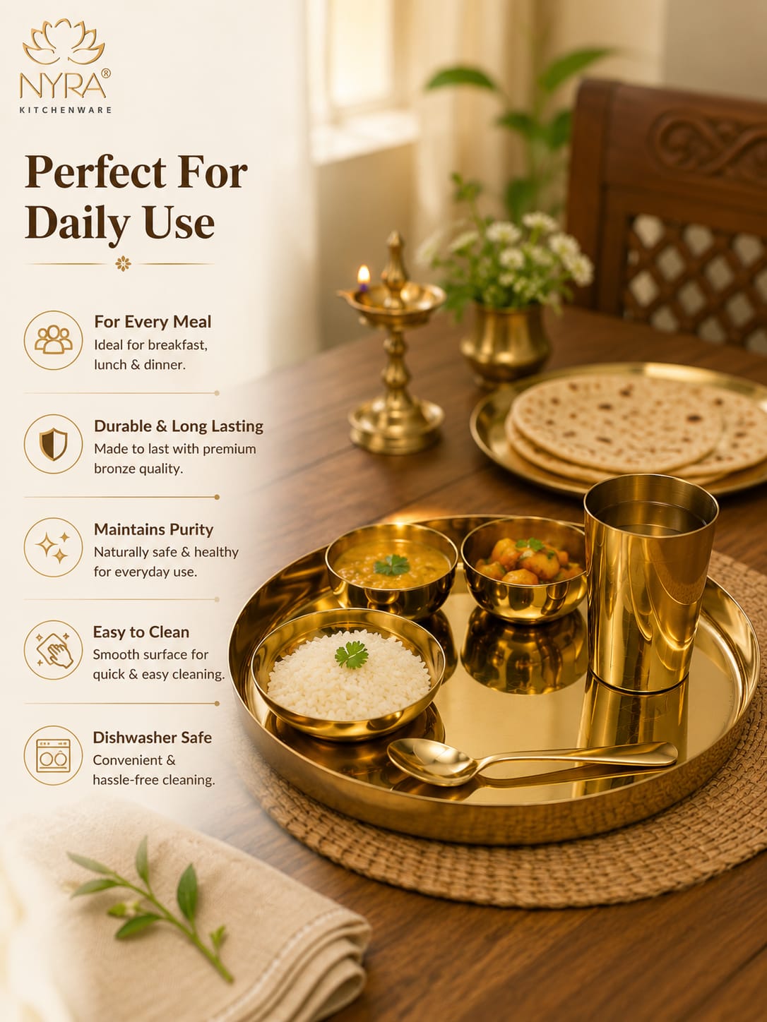 Premium Kansa/Bronze Thali Set of 6pcs. | Traditional Dinnerware Set (1 Thali, 2 Bowls, Glass, Plate, Spoon)