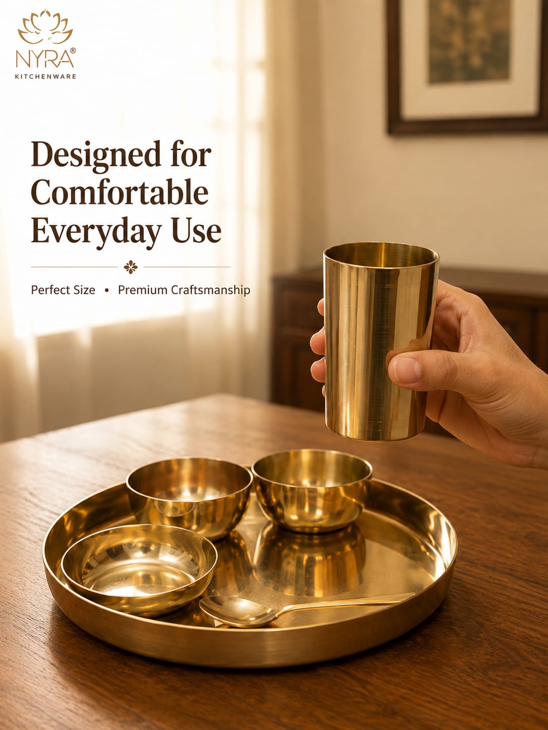 Premium Kansa/Bronze Thali Set of 6pcs. | Traditional Dinnerware Set (1 Thali, 2 Bowls, Glass, Plate, Spoon)