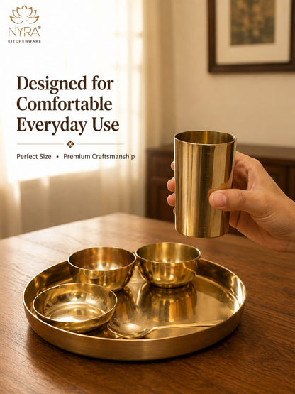 Premium Kansa/Bronze Thali Set of 6pcs. | Traditional Dinnerware Set (1 Thali, 2 Bowls, Glass, Plate, Spoon)