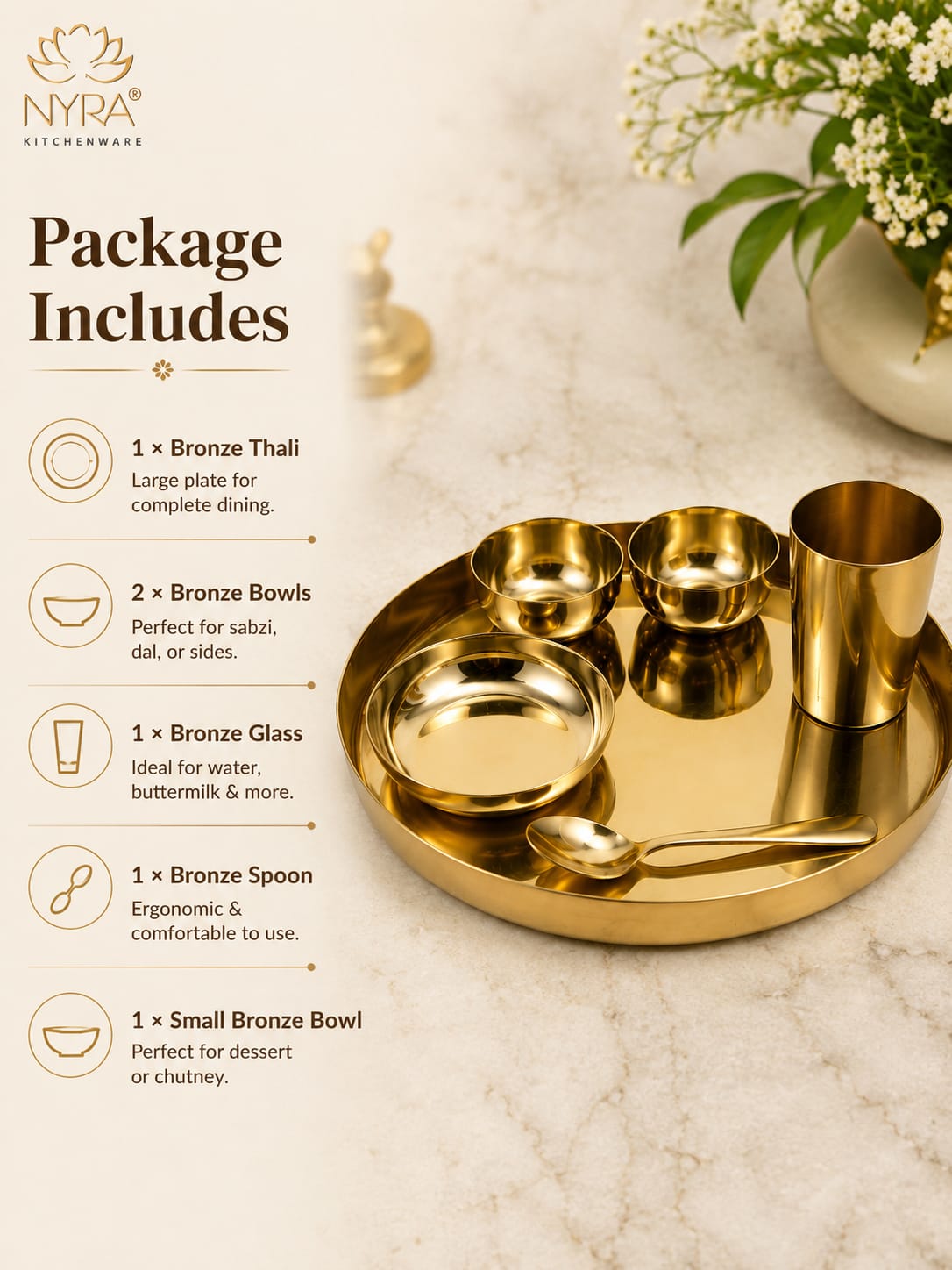 Premium Kansa/Bronze Thali Set of 6pcs. | Traditional Dinnerware Set (1 Thali, 2 Bowls, Glass, Plate, Spoon)