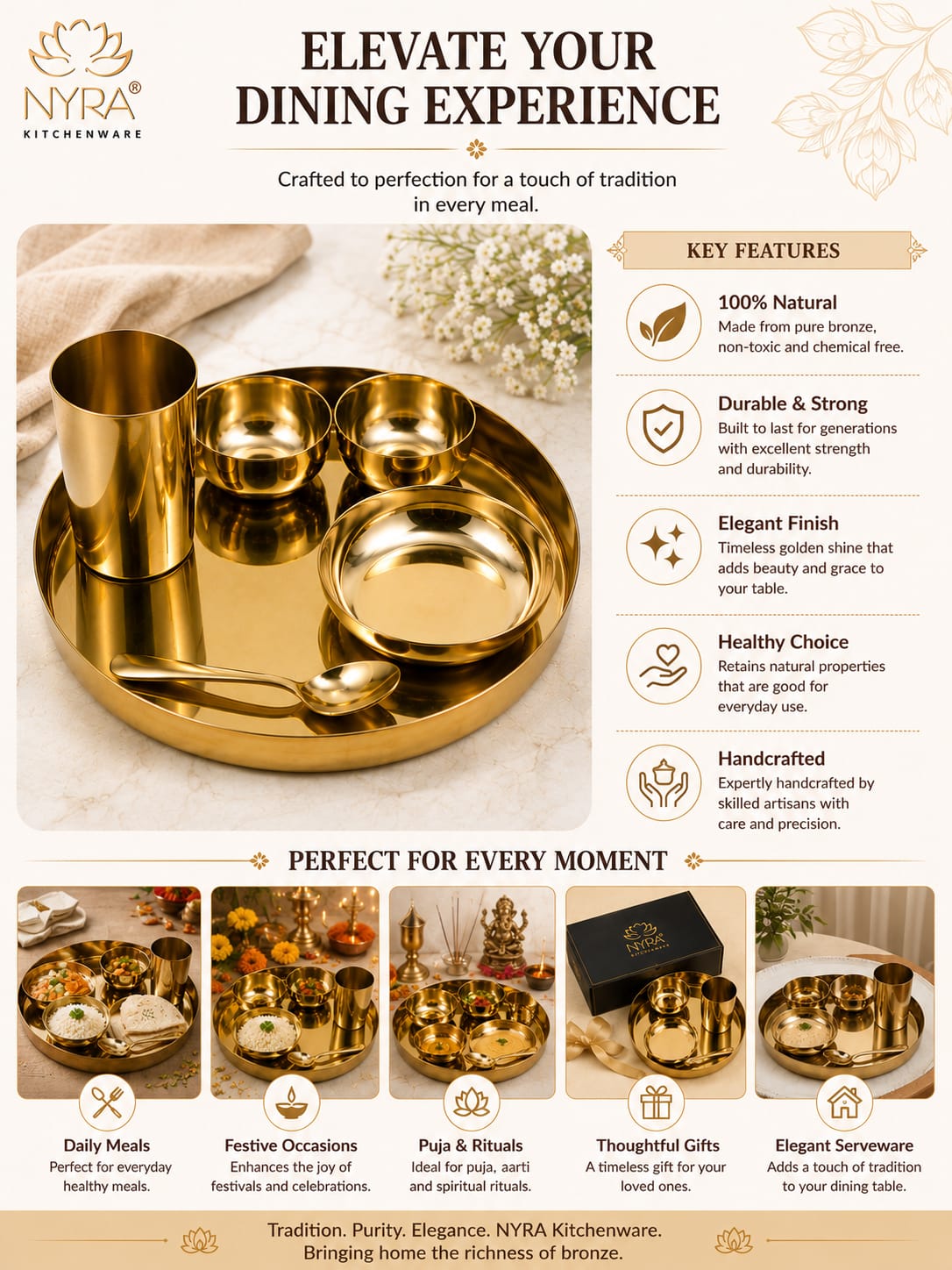 Premium Kansa/Bronze Thali Set of 6pcs. | Traditional Dinnerware Set (1 Thali, 2 Bowls, Glass, Plate, Spoon)