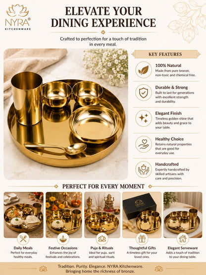 Premium Kansa/Bronze Thali Set of 6pcs. | Traditional Dinnerware Set (1 Thali, 2 Bowls, Glass, Plate, Spoon)