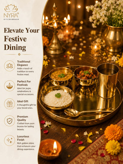 Premium Kansa/Bronze Thali Set of 6pcs. | Traditional Dinnerware Set (1 Thali, 2 Bowls, Glass, Plate, Spoon)