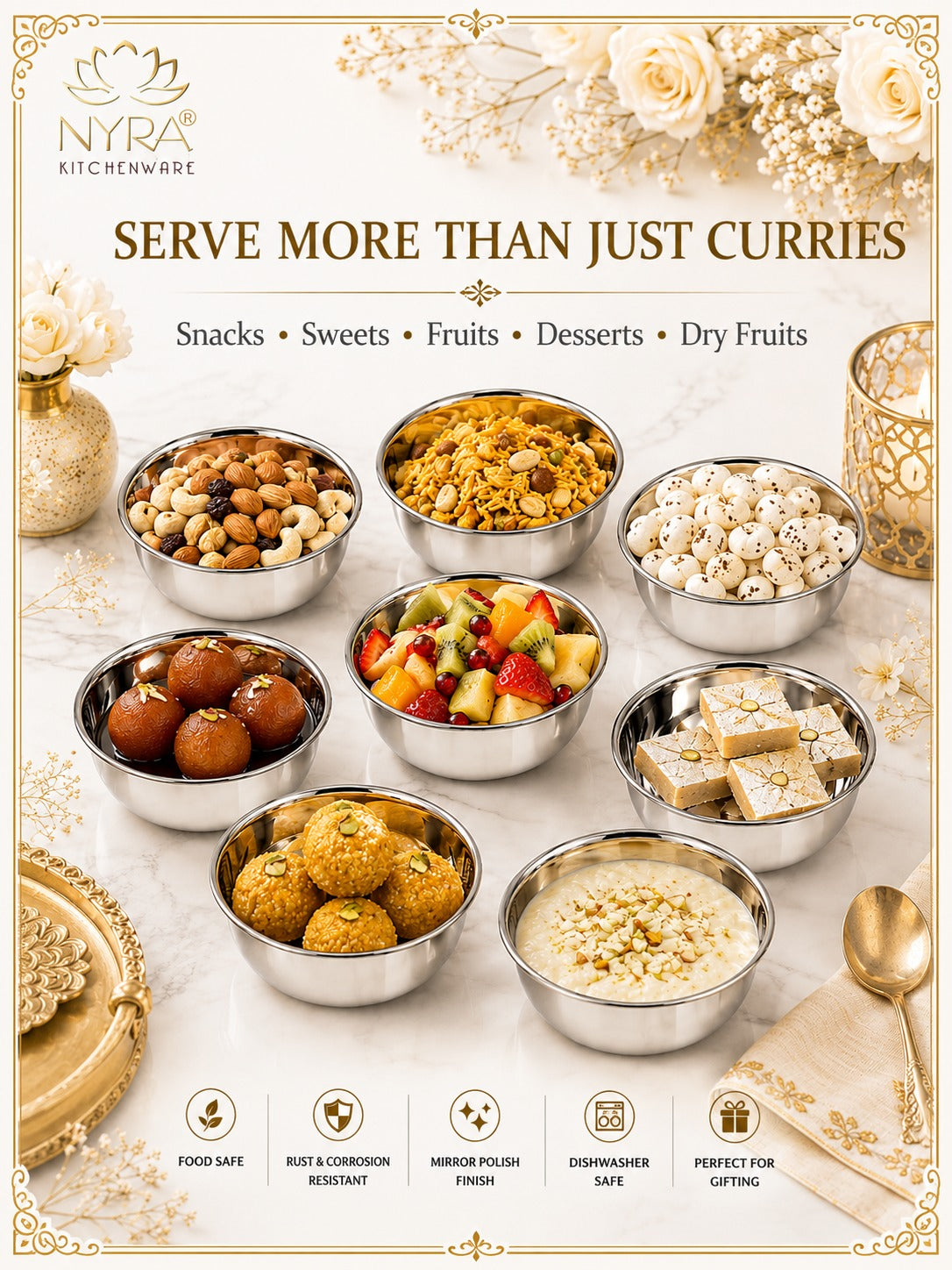 Stainless Steel Bowl Set | Versatile Katori for Desserts, Soups, and Serving
