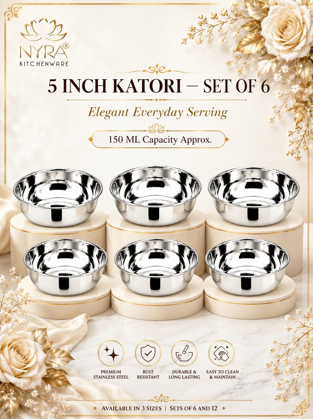 Stainless Steel Bowl Set | Versatile Katori for Desserts, Soups, and Serving