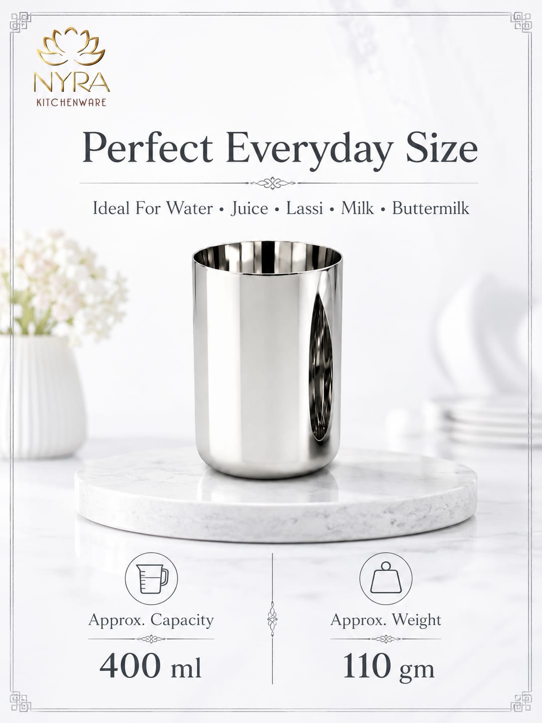 Heavy Gauge Stainless Steel Glass/Tumbler - 400 ML Drinkware Set