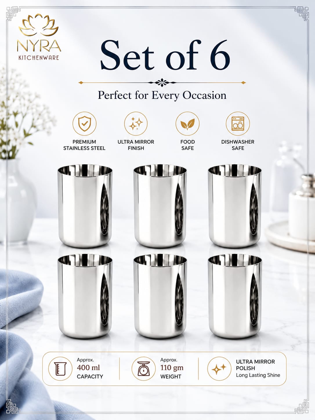 Heavy Gauge Stainless Steel Glass/Tumbler - 400 ML Drinkware Set