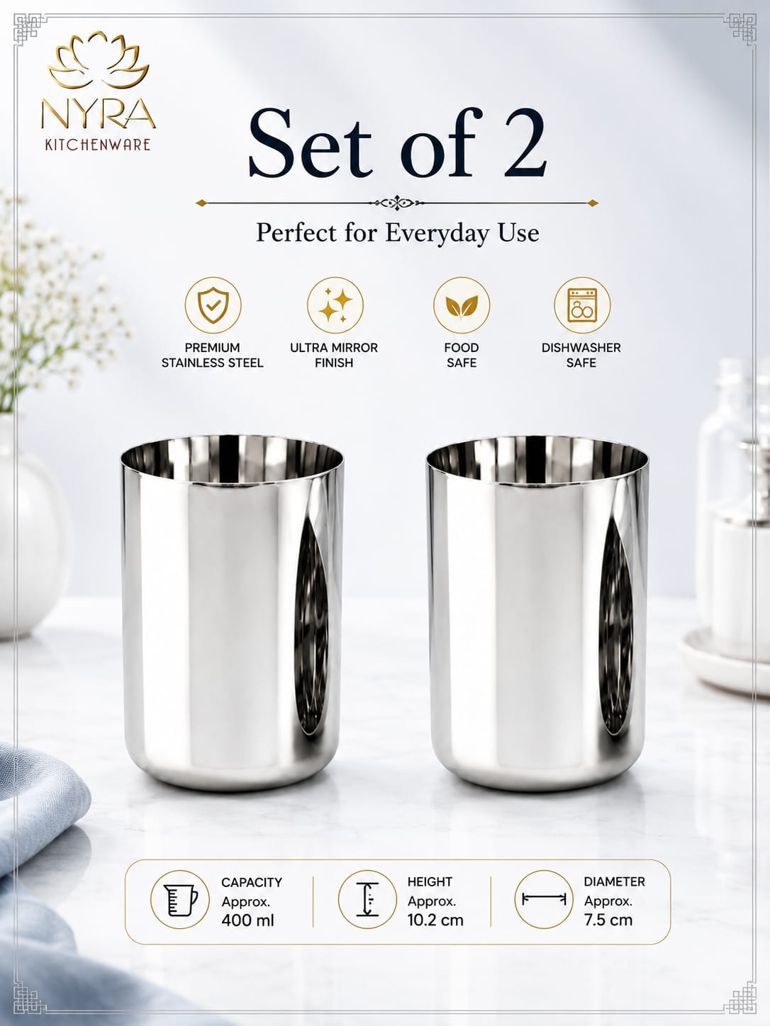 Heavy Gauge Stainless Steel Glass/Tumbler - 400 ML Drinkware Set