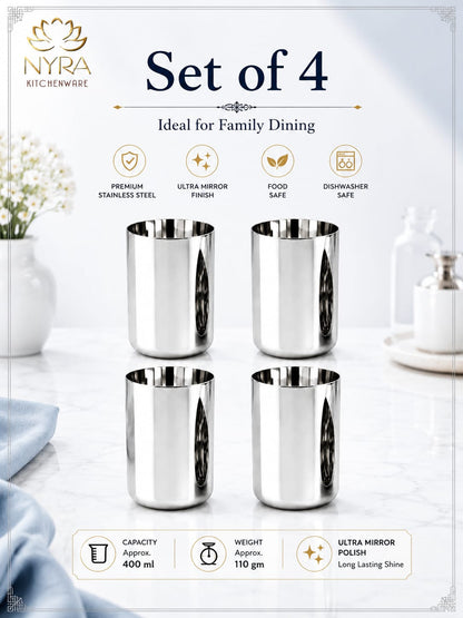 Heavy Gauge Stainless Steel Glass/Tumbler - 400 ML Drinkware Set