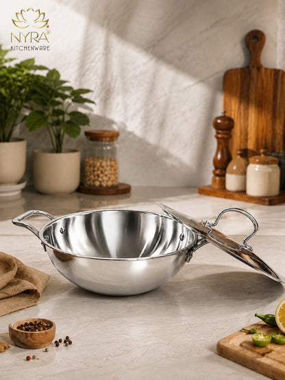 Triply Stainless Steel Kadhai with Lid | Food Grade Heavy Bottom Cookware | Even Heating, thick base - Induction & Gas Stove Compatible