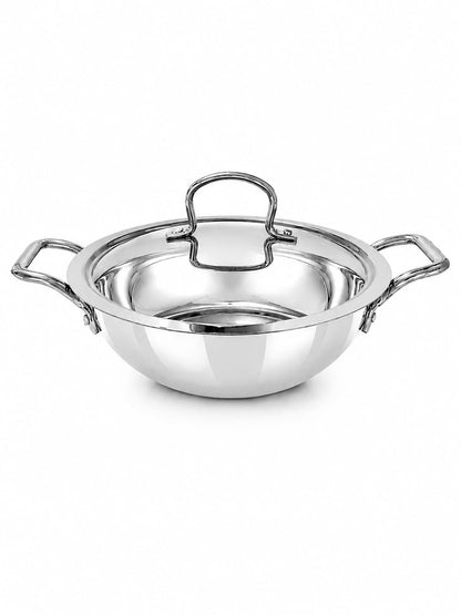 Triply Stainless Steel Kadhai with Lid | Food Grade Heavy Bottom Cookware | Even Heating, thick base - Induction & Gas Stove Compatible