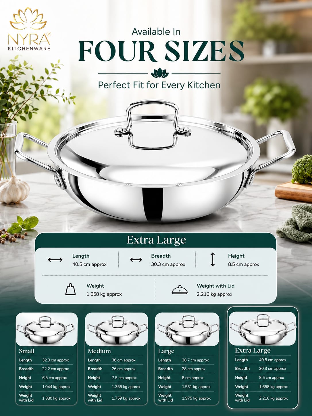 Triply Stainless Steel Kadhai with Lid | Food Grade Heavy Bottom Cookware | Even Heating, thick base - Induction & Gas Stove Compatible