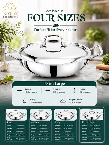 Triply Stainless Steel Kadhai with Lid | Food Grade Heavy Bottom Cookware | Even Heating, thick base - Induction & Gas Stove Compatible