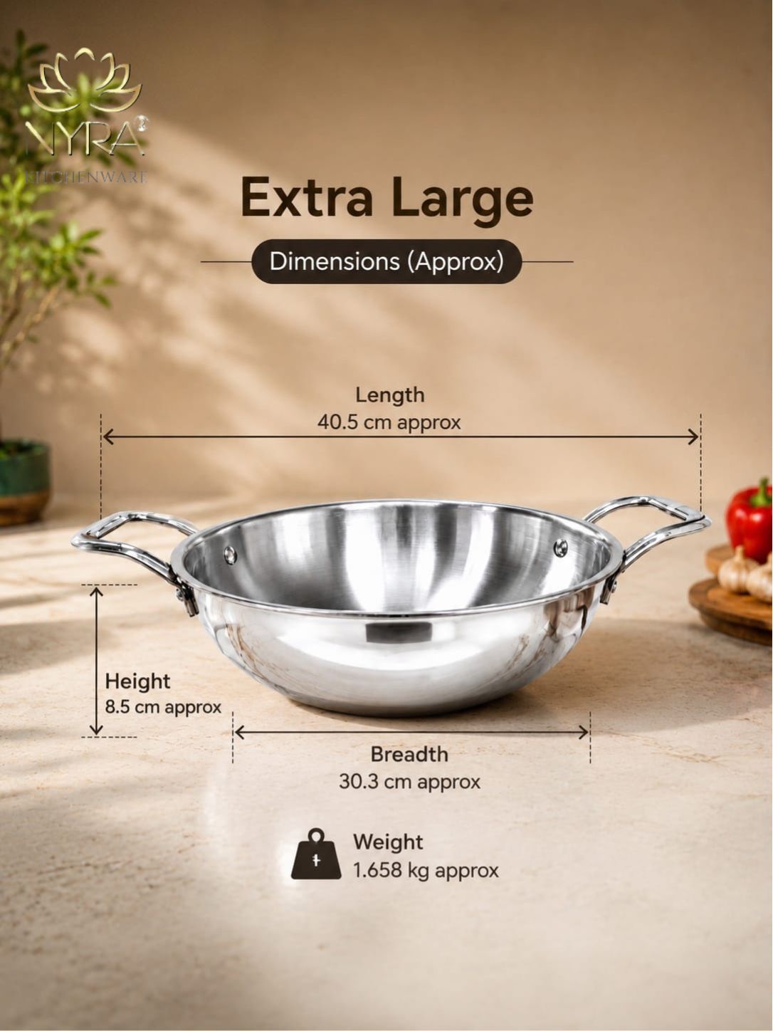 Triply Stainless Steel Kadhai | Food Grade Heavy Bottom Cookware - Even Heating | Induction &a Gas Stove Compatible