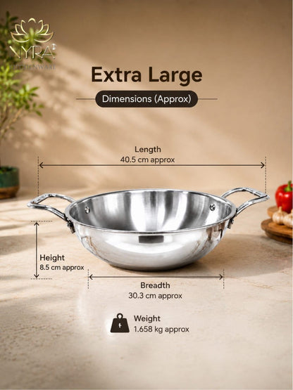 Triply Stainless Steel Kadhai | Food Grade Heavy Bottom Cookware - Even Heating | Induction &a Gas Stove Compatible