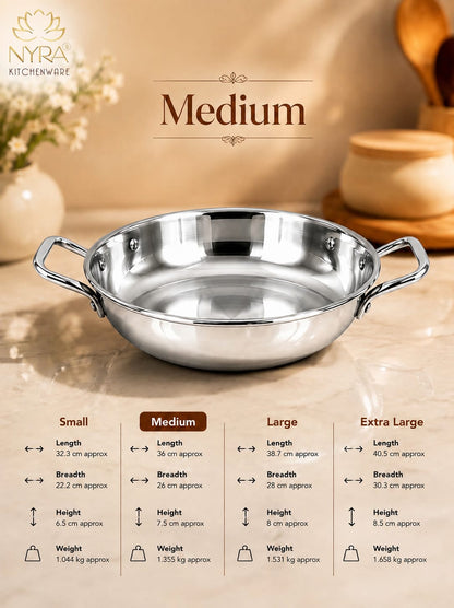 Triply Stainless Steel Kadhai | Food Grade Heavy Bottom Cookware - Even Heating | Induction &a Gas Stove Compatible
