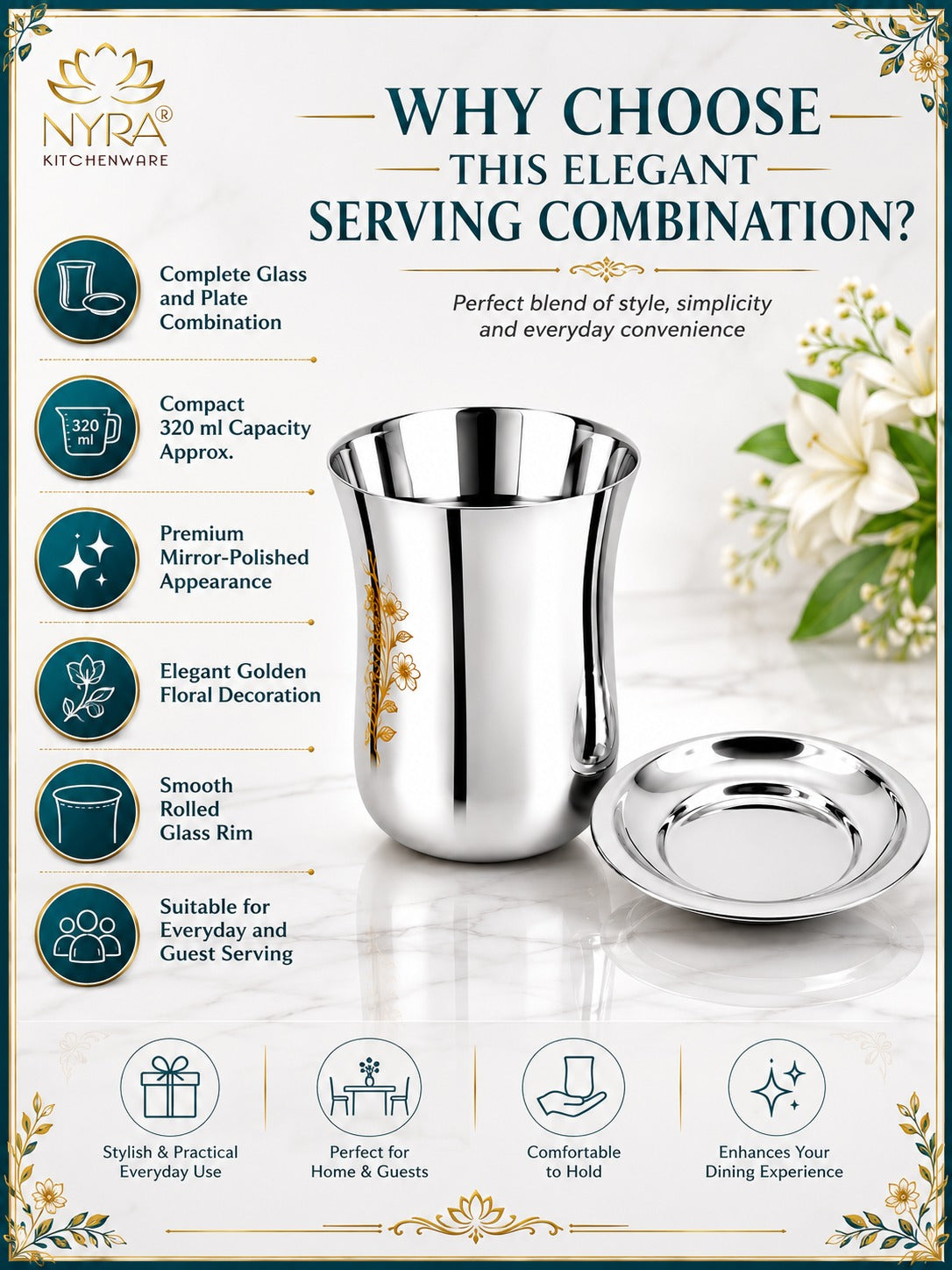 Stainless Steel Lazer Print Glass With Lid | Water/Milk Tumbler - Durable, Rust-Free Drinkware Set