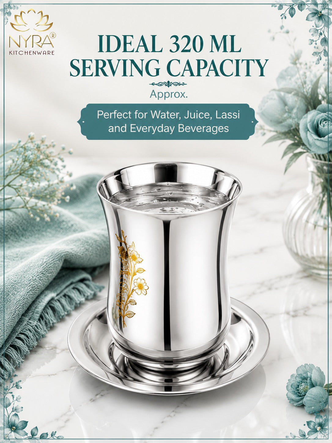 Stainless Steel Lazer Print Glass With Lid | Water/Milk Tumbler - Durable, Rust-Free Drinkware Set
