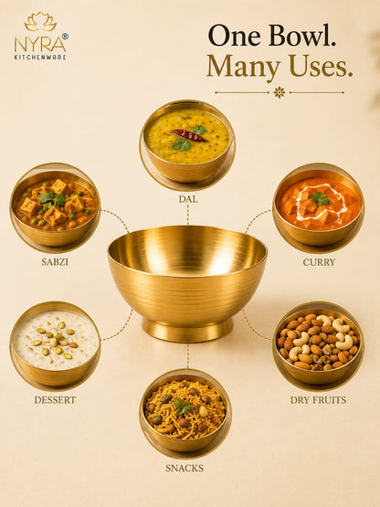A gold brass bowl shown in a beige promotional graphic with the text 'One Bowl. Many Uses.