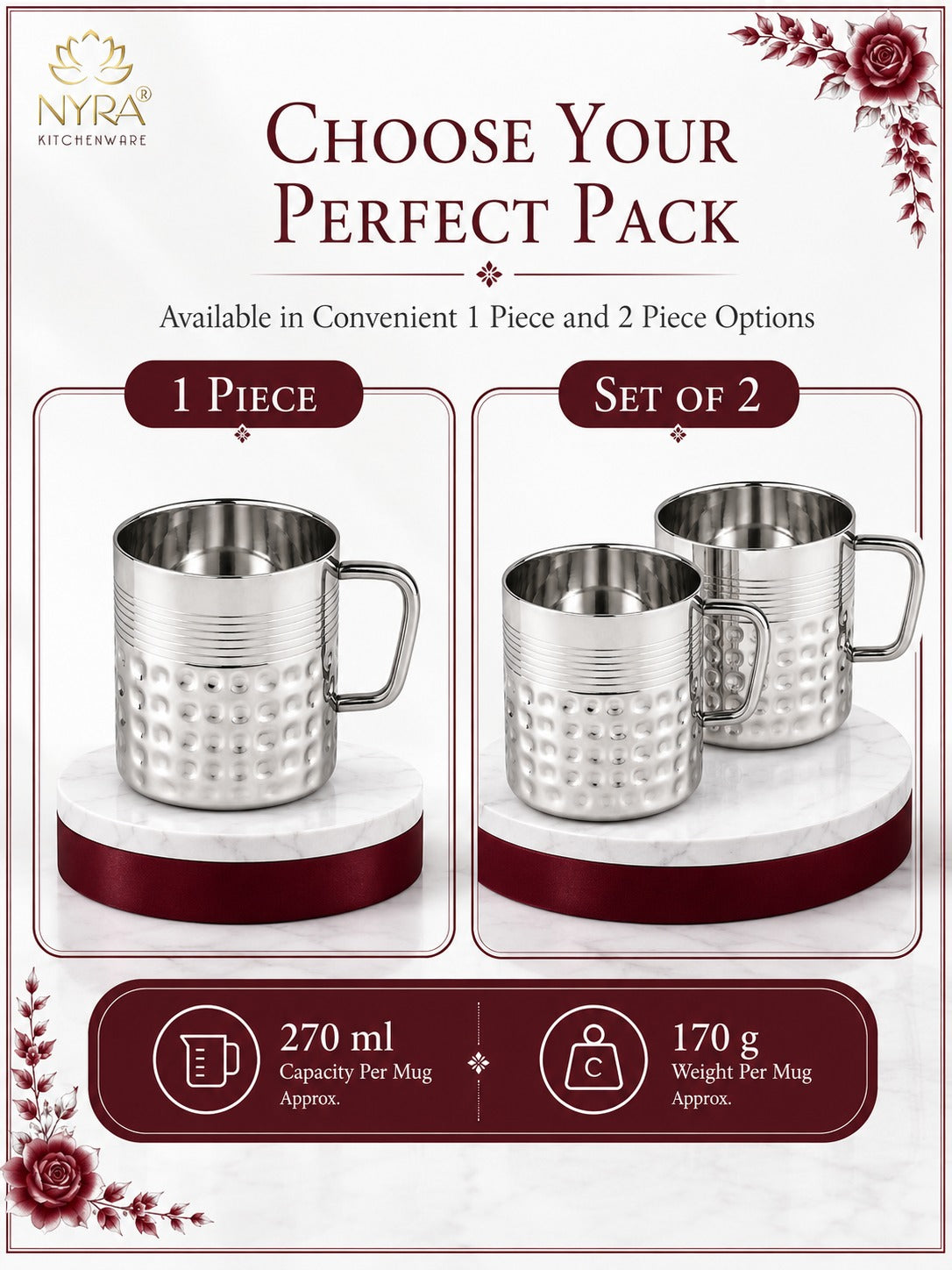 Stainless Steel Hammered Finish Double-Walled Insulated Cup/Mug Set