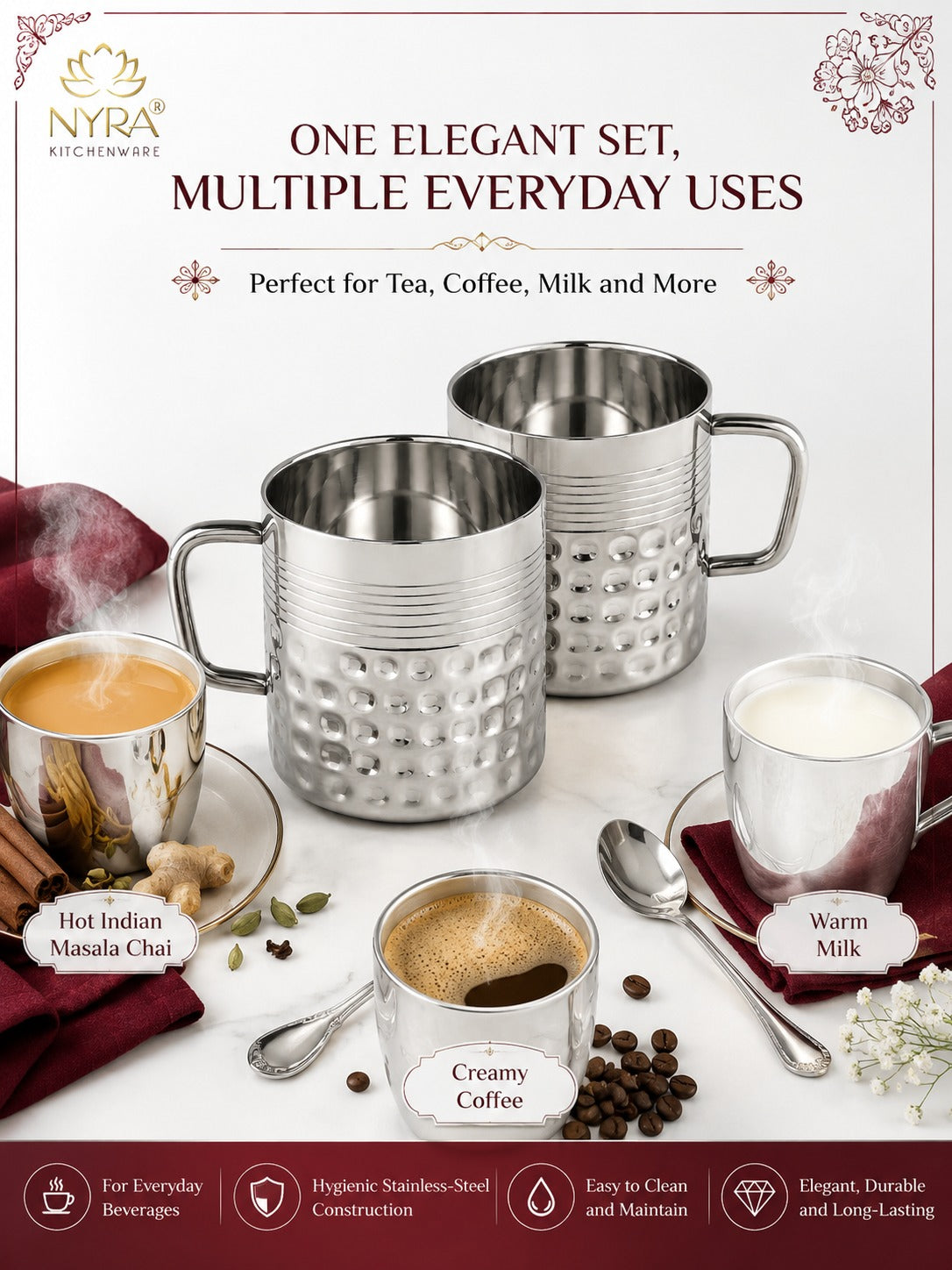 Stainless Steel Hammered Finish Double-Walled Insulated Cup/Mug Set