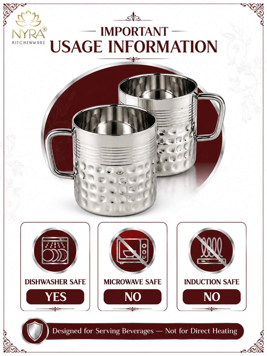 Stainless Steel Hammered Finish Double-Walled Insulated Cup/Mug Set