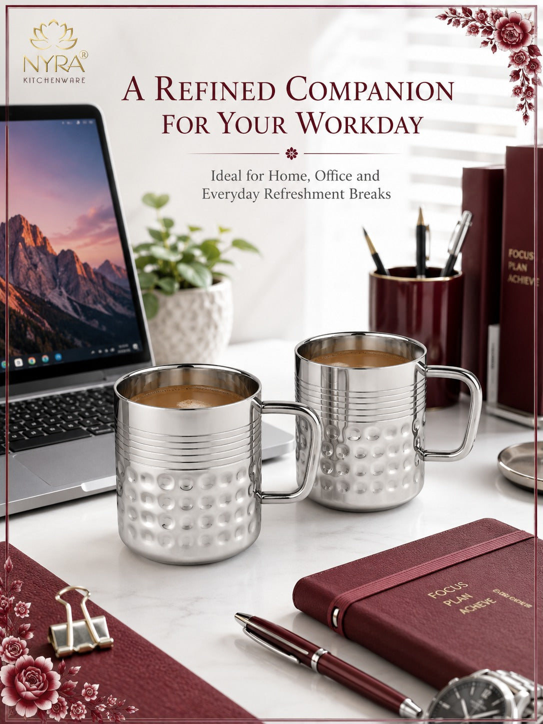 Stainless Steel Hammered Finish Double-Walled Insulated Cup/Mug Set
