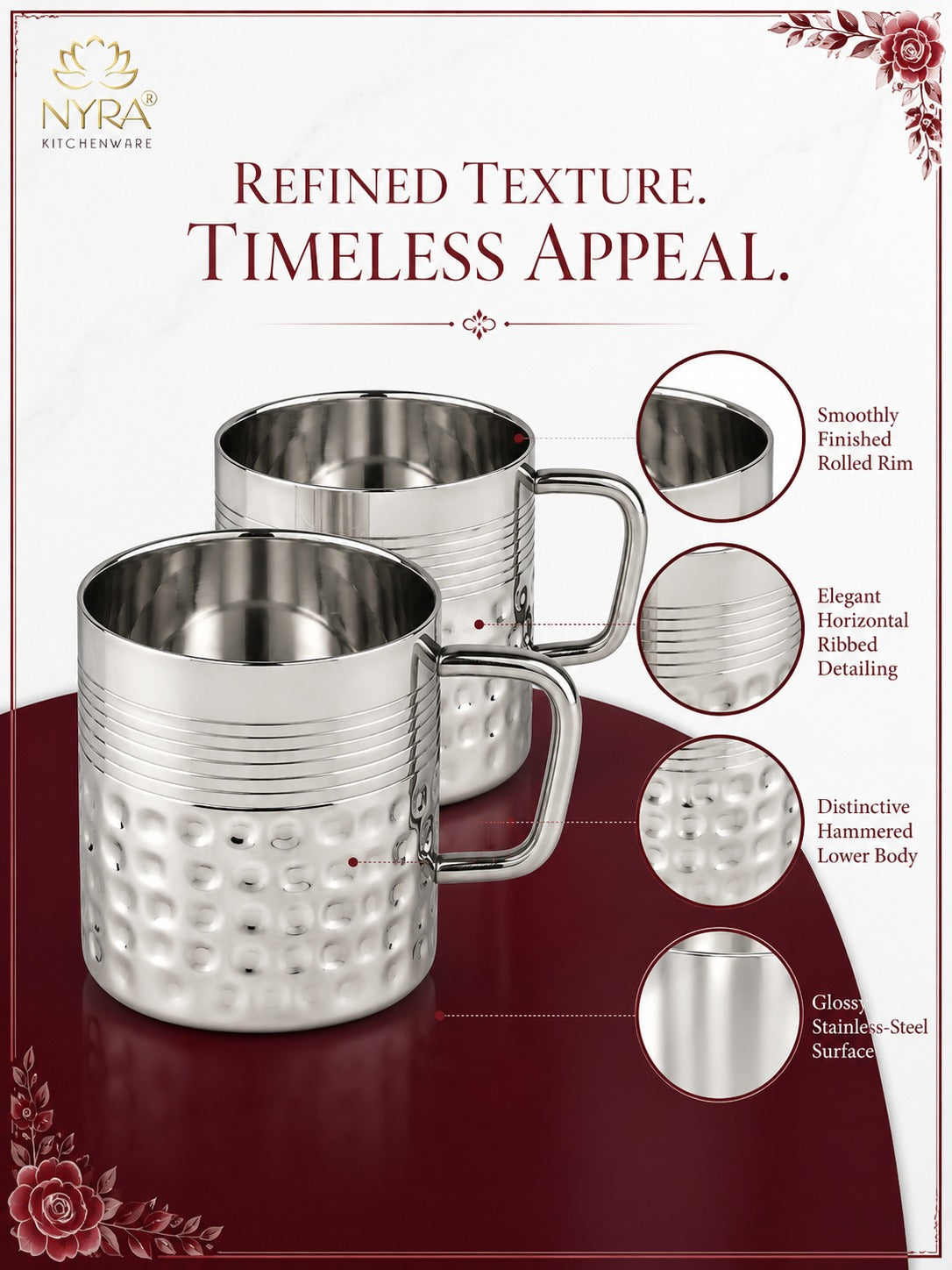 Stainless Steel Hammered Finish Double-Walled Insulated Cup/Mug Set