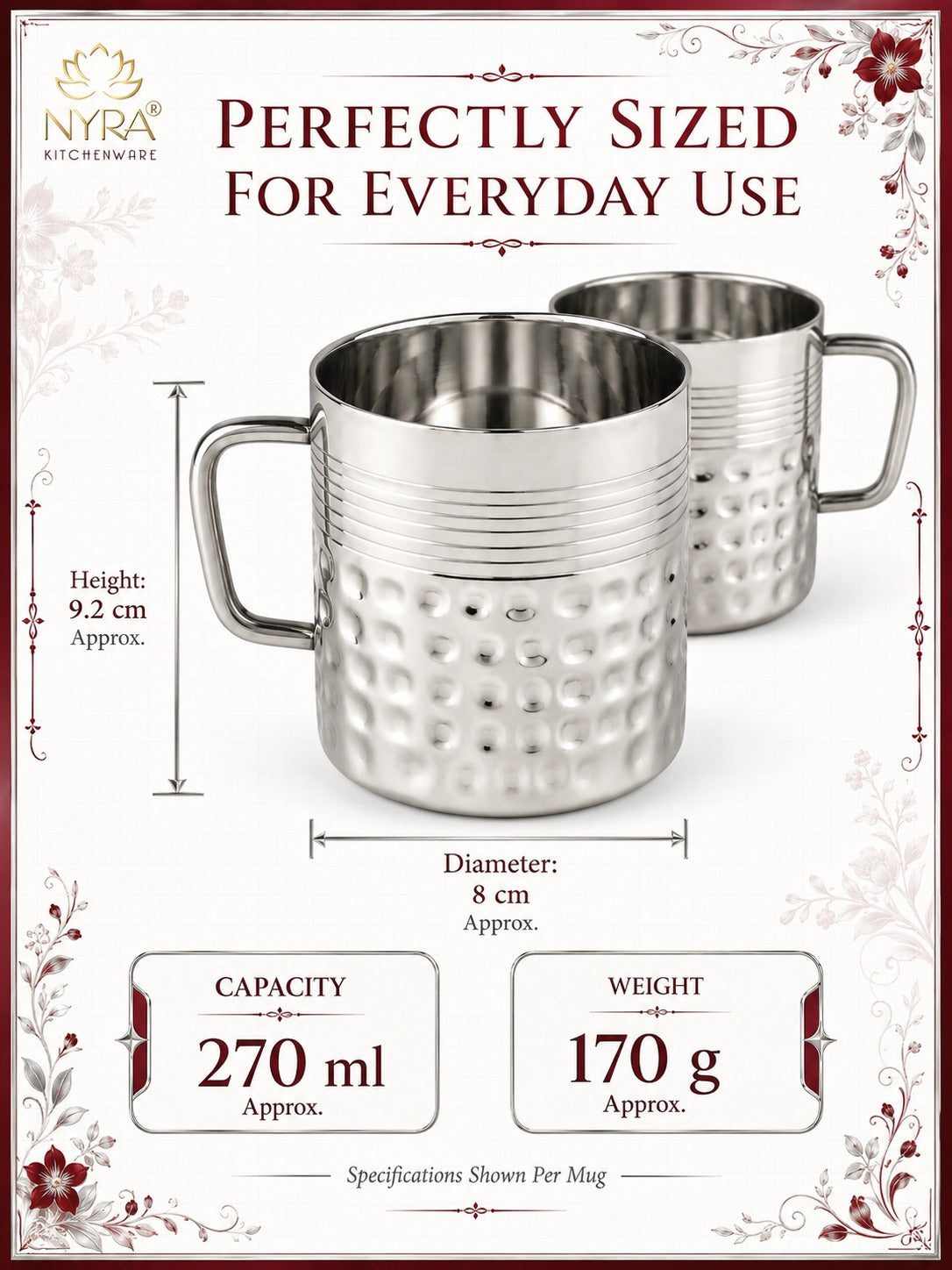 Stainless Steel Hammered Finish Double-Walled Insulated Cup/Mug Set