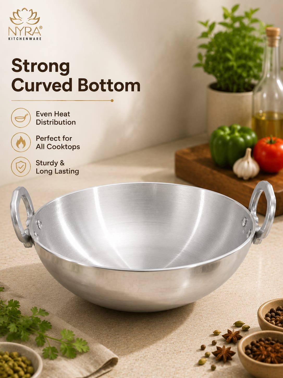 Aluminium Wok/Kadhai with Sturdy Handle - 4 Sizes