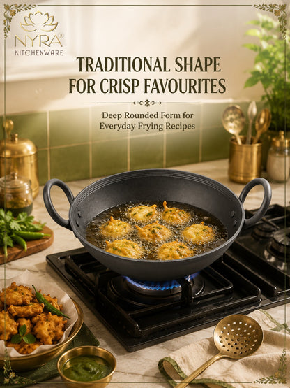 Traditional Black Iron Wok/Kadhai with Sturdy Handle - 4 Sizes
