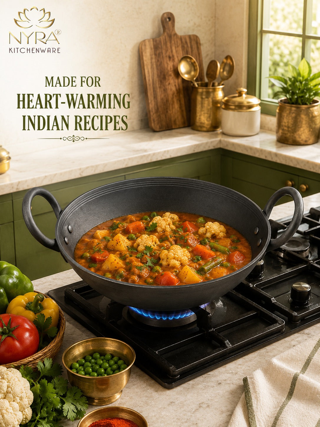 Traditional Black Iron Wok/Kadhai with Sturdy Handle - 4 Sizes