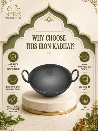 Traditional Black Iron Wok/Kadhai with Sturdy Handle - 4 Sizes