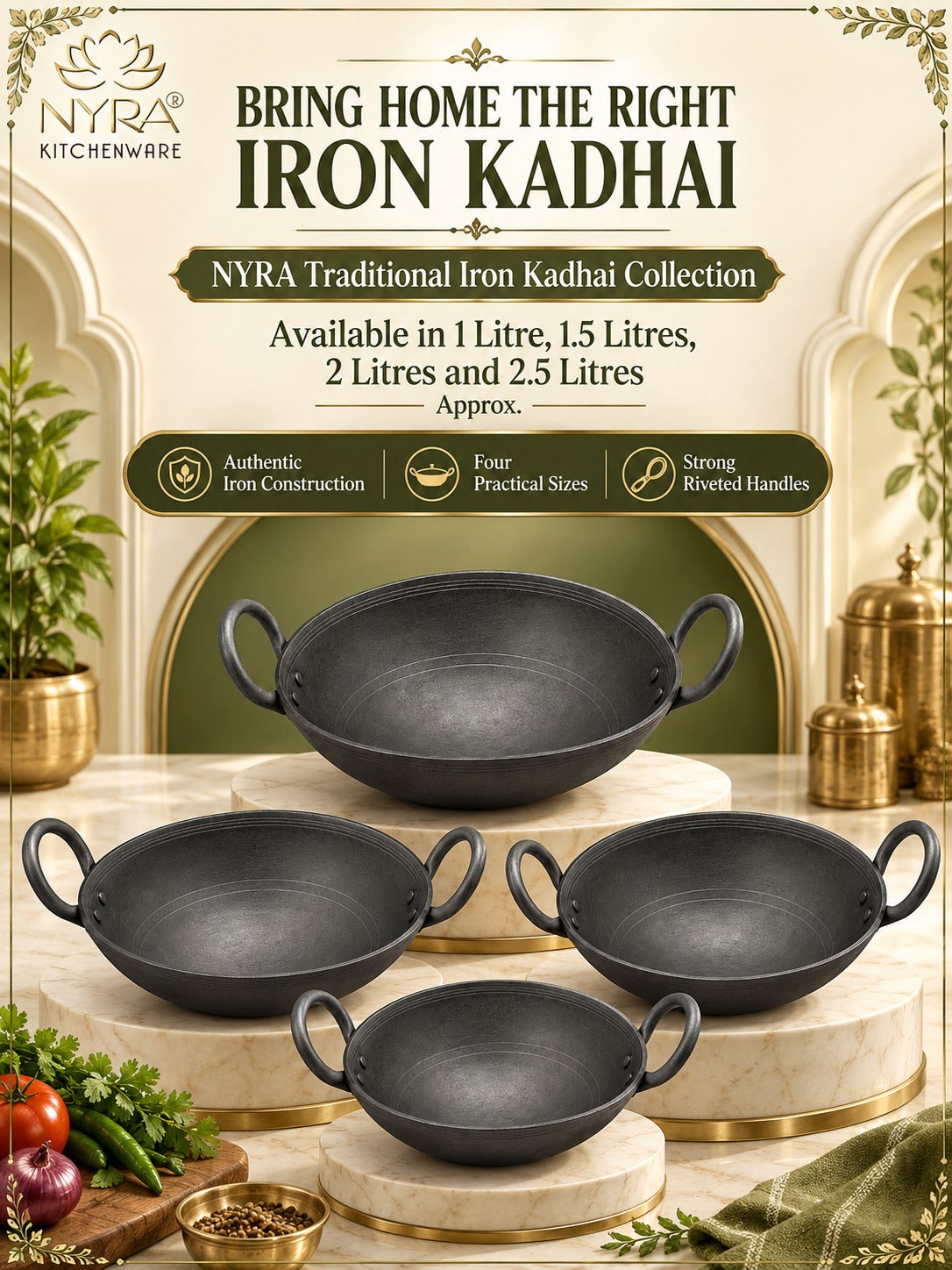 Traditional Black Iron Wok/Kadhai with Sturdy Handle - 4 Sizes