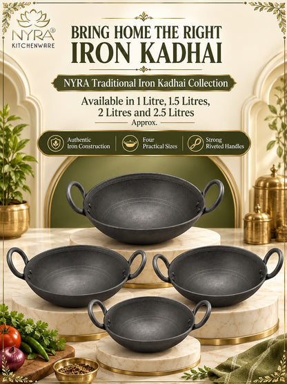 Traditional Black Iron Wok/Kadhai with Sturdy Handle - 4 Sizes