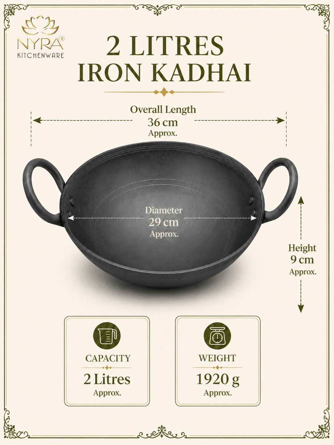 Traditional Black Iron Wok/Kadhai with Sturdy Handle - 4 Sizes