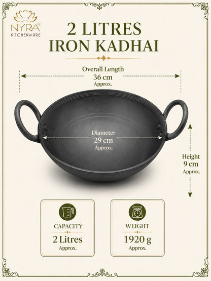 Traditional Black Iron Wok/Kadhai with Sturdy Handle - 4 Sizes