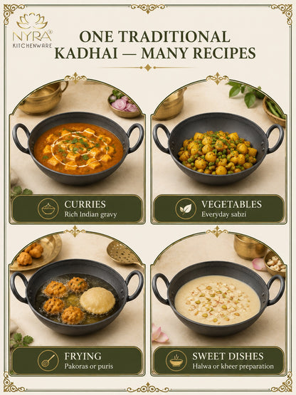Traditional Black Iron Wok/Kadhai with Sturdy Handle - 4 Sizes