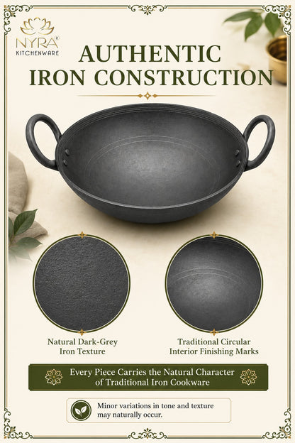 Traditional Black Iron Wok/Kadhai with Sturdy Handle - 4 Sizes