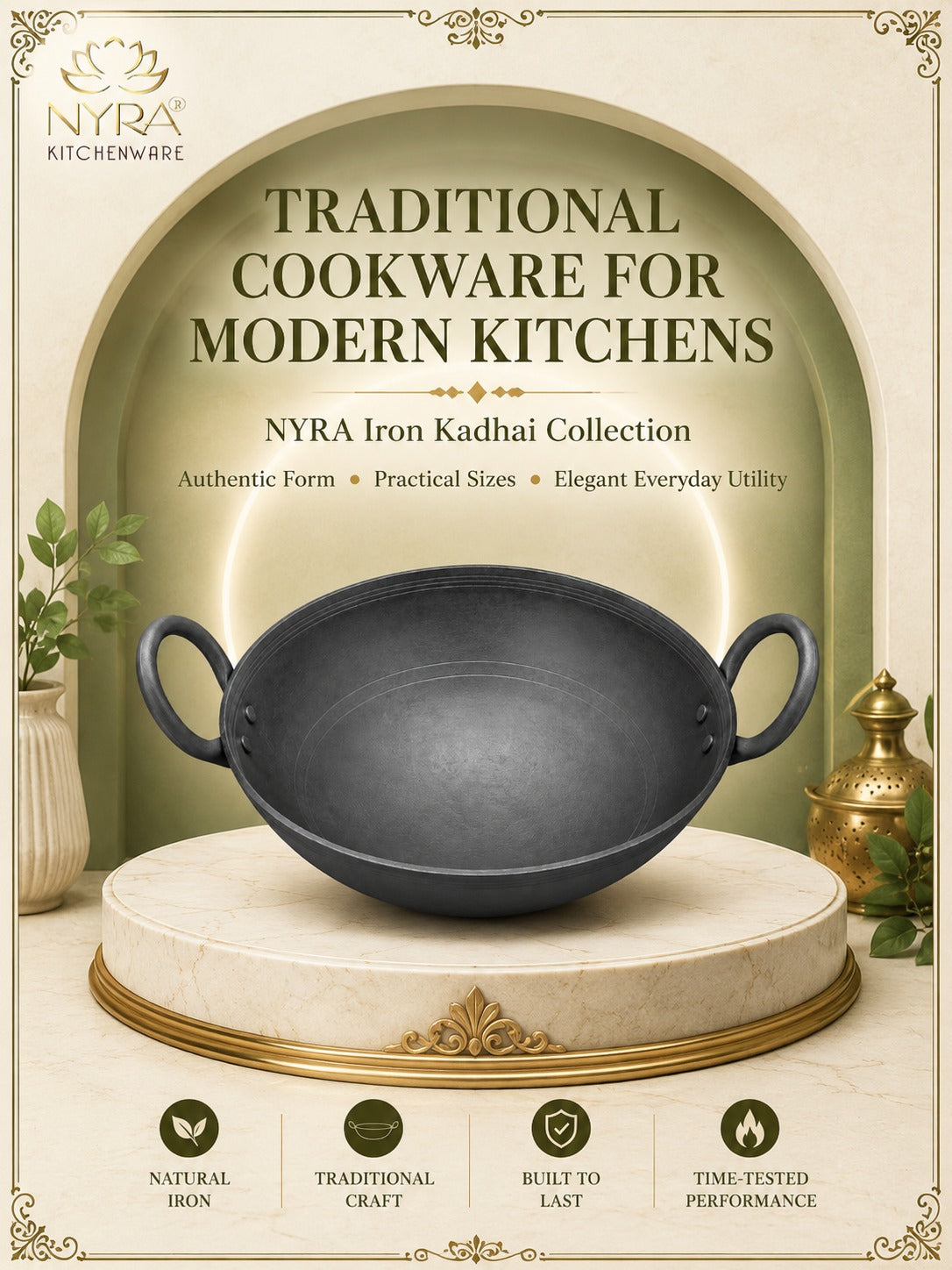 Traditional Black Iron Wok/Kadhai with Sturdy Handle - 4 Sizes
