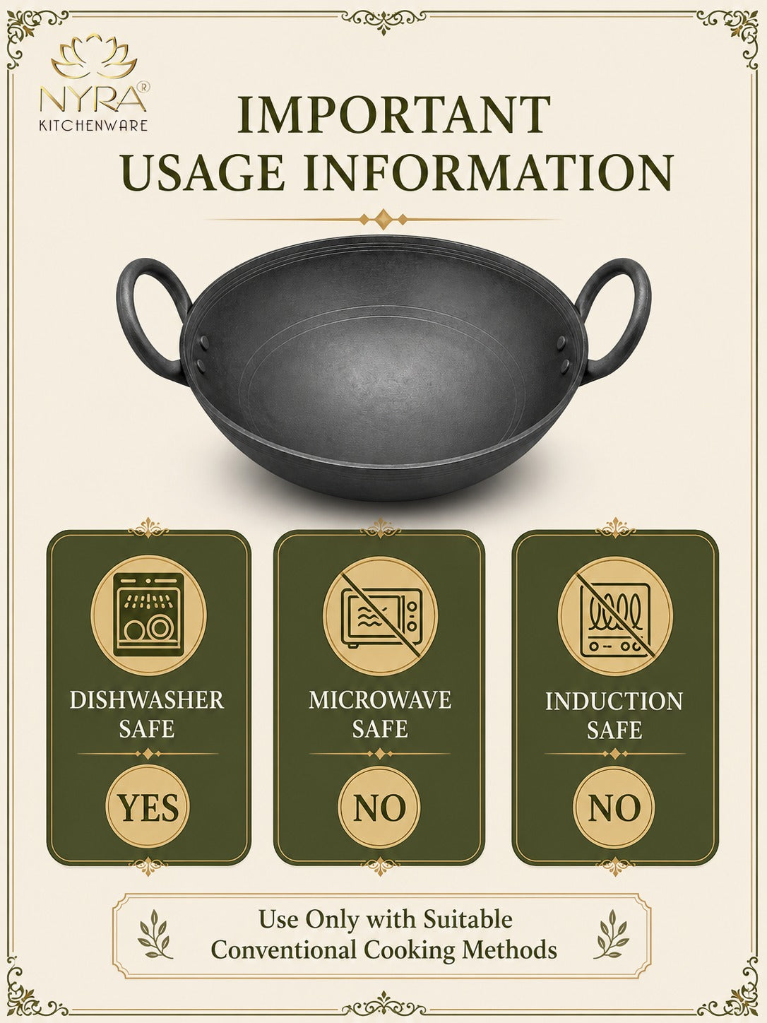 Traditional Black Iron Wok/Kadhai with Sturdy Handle - 4 Sizes