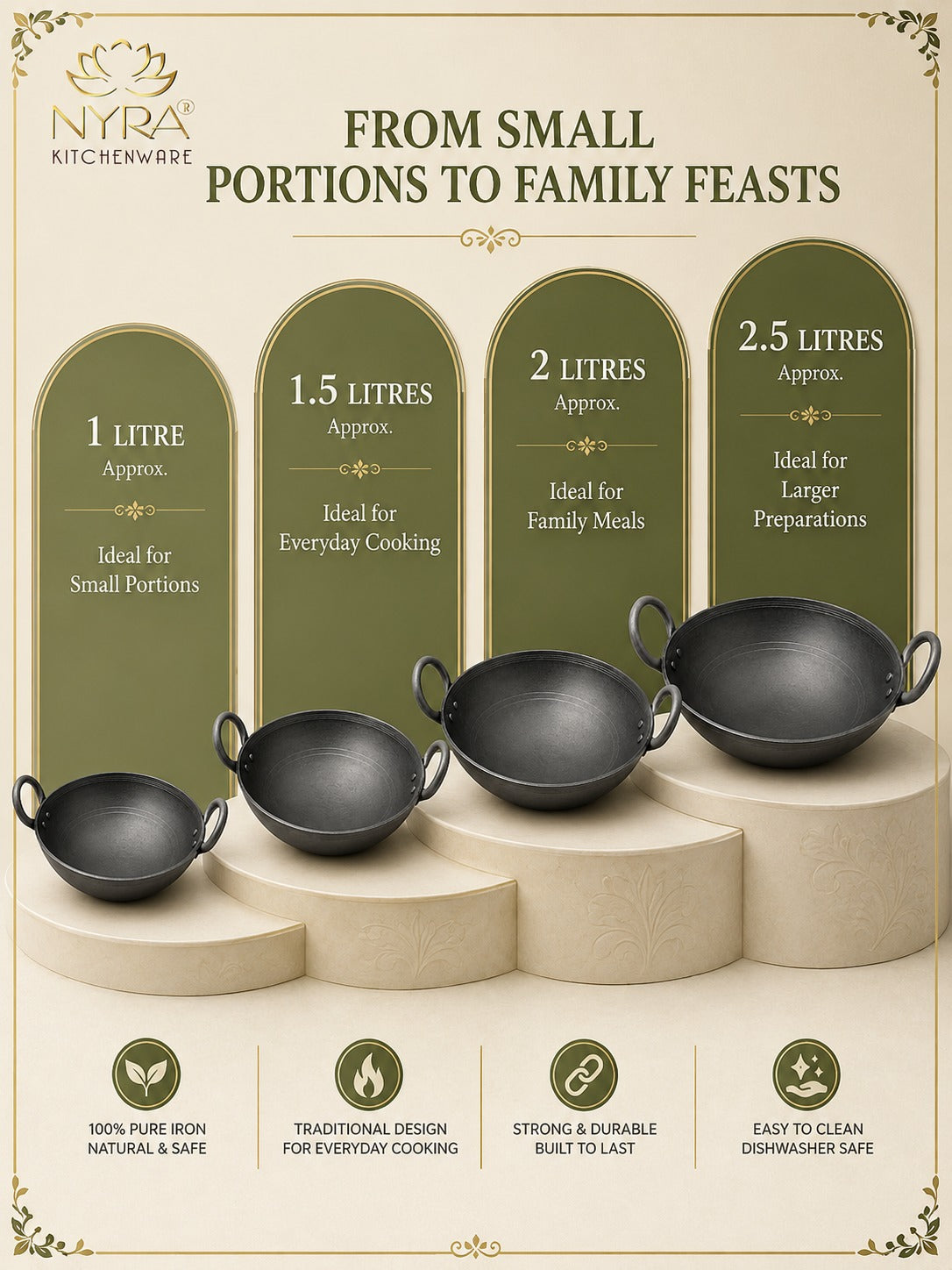 Traditional Black Iron Wok/Kadhai with Sturdy Handle - 4 Sizes