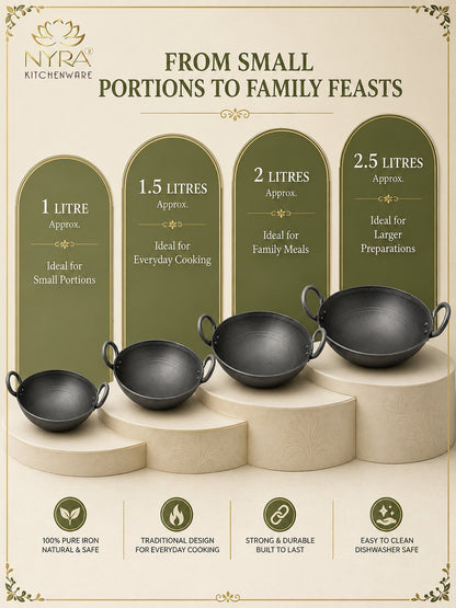 Traditional Black Iron Wok/Kadhai with Sturdy Handle - 4 Sizes