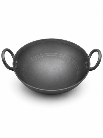 Traditional Black Iron Wok/Kadhai with Sturdy Handle - 4 Sizes