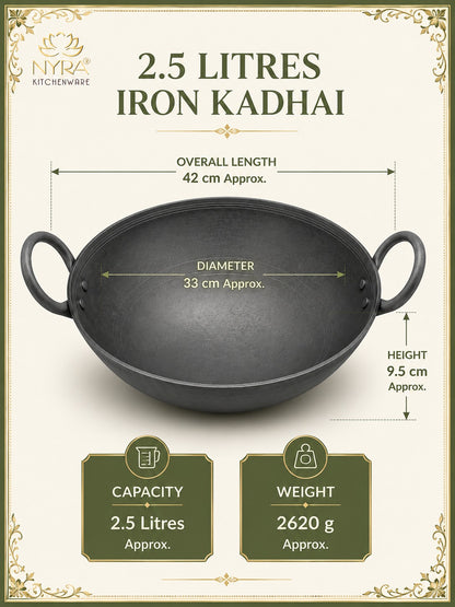 Traditional Black Iron Wok/Kadhai with Sturdy Handle - 4 Sizes