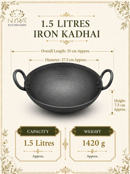 Traditional Black Iron Wok/Kadhai with Sturdy Handle - 4 Sizes